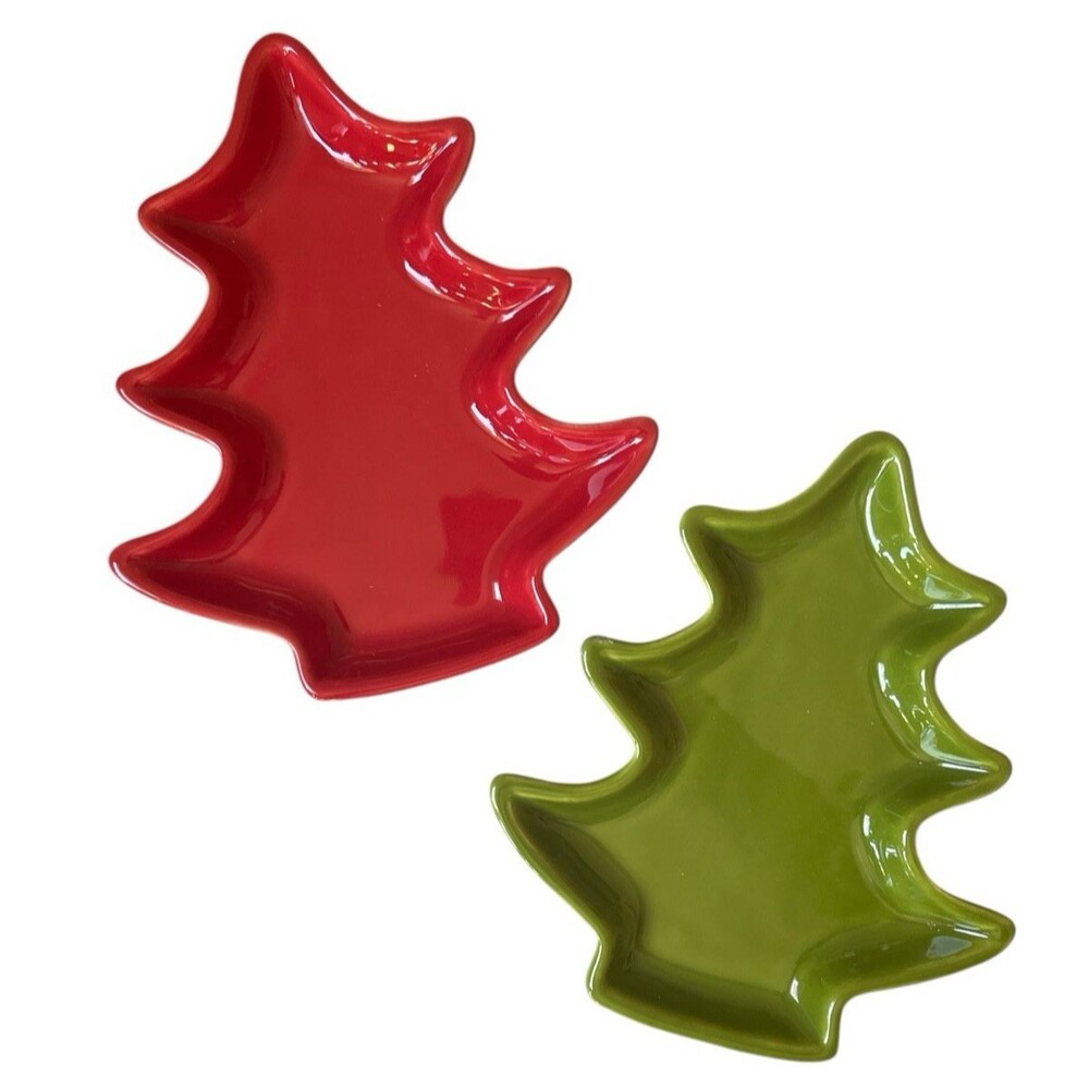 Set Of 2  Primagera Christmas Tree Ceramic Plates Portugal Red Green 8”x7”